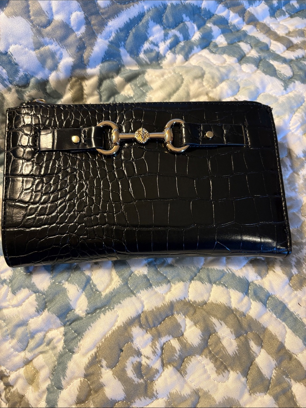 Anne Klein Black Croc-Embossed Women's Wallet with Gold Bit Accent